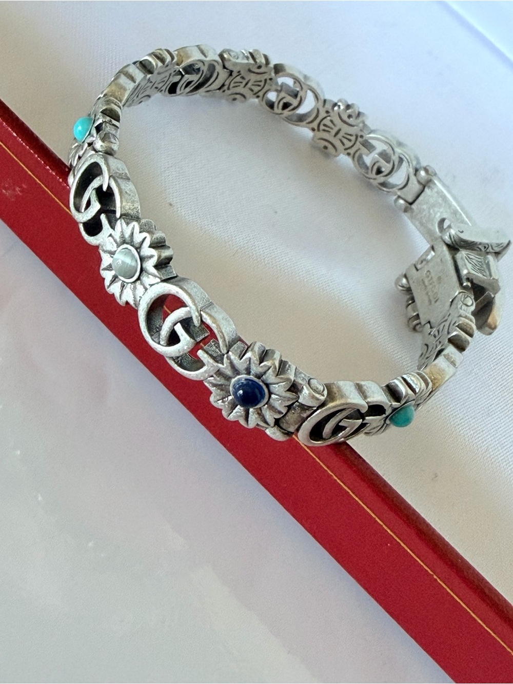 Gucci Antique Silver Floral Cuff Bracelet with Blue and Turquoise Stones